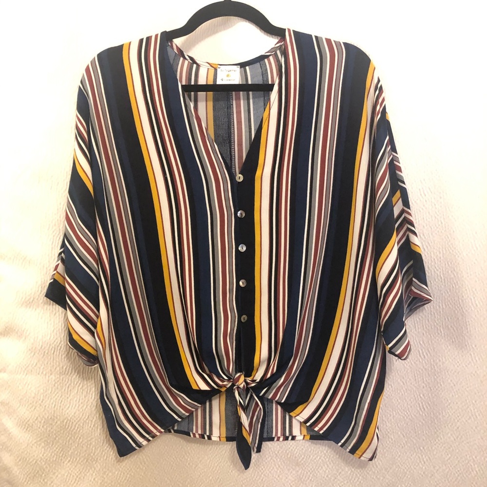 Stripe front tie, button up dolman sleeve top